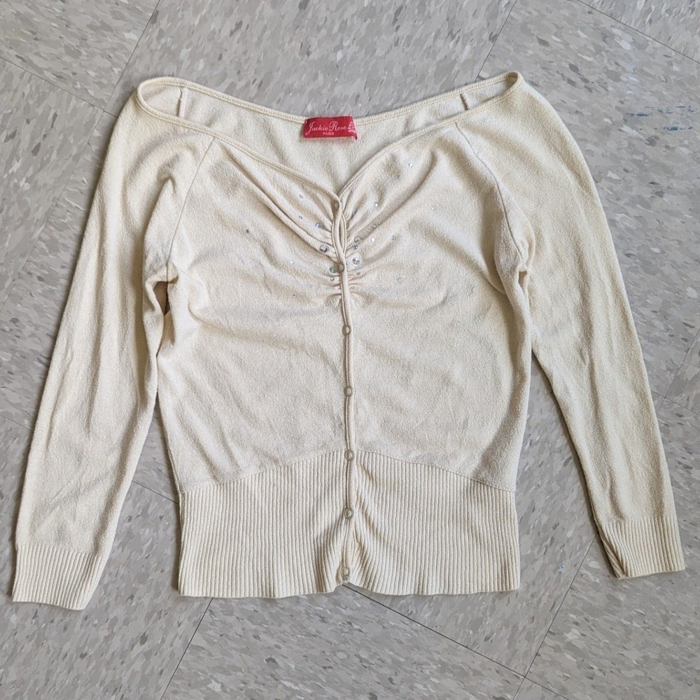 Jackie Rose Paris Cream Ballet Off Shoulder Rhinestone Cardigan Viscose Knit Top
